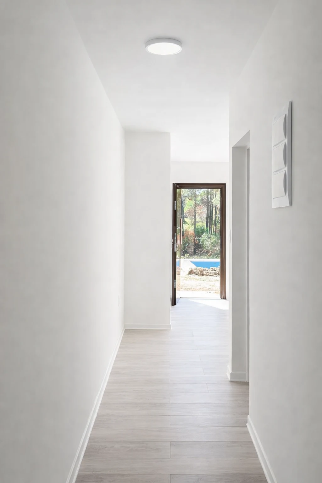 Pasillo interior blanco con luz natural al fondo y terminaciones limpias en piso y cielorraso.